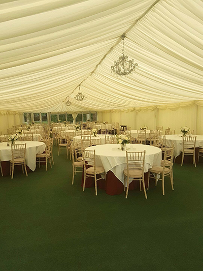 9m by 27m tent interior with linings and carpet